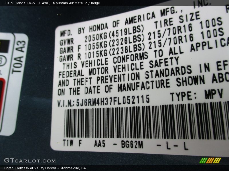 Mountain Air Metallic / Beige 2015 Honda CR-V LX AWD