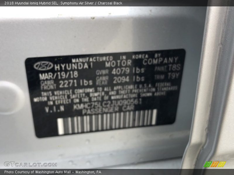 Symphony Air Silver / Charcoal Black 2018 Hyundai Ioniq Hybrid SEL