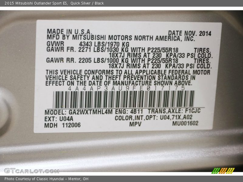 Quick Silver / Black 2015 Mitsubishi Outlander Sport ES