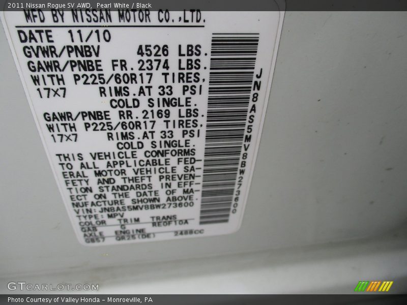 Pearl White / Black 2011 Nissan Rogue SV AWD