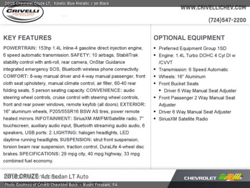 Kinetic Blue Metallic / Jet Black 2018 Chevrolet Cruze LT