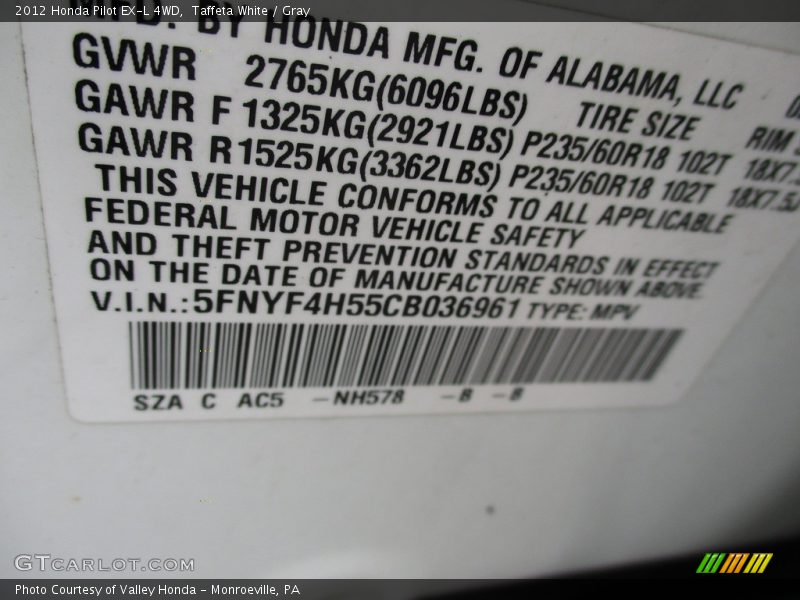 Taffeta White / Gray 2012 Honda Pilot EX-L 4WD