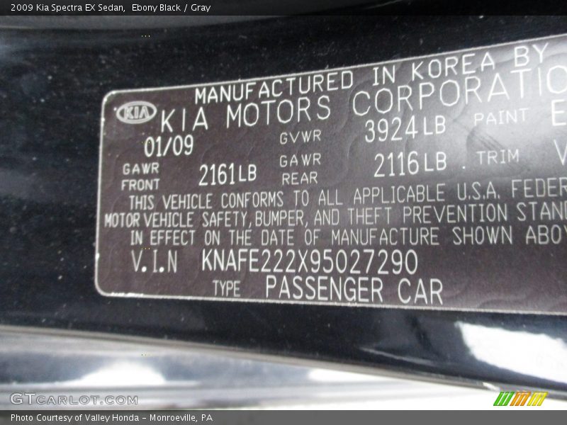 Ebony Black / Gray 2009 Kia Spectra EX Sedan