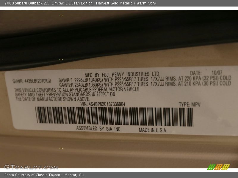Harvest Gold Metallic / Warm Ivory 2008 Subaru Outback 2.5i Limited L.L.Bean Edition