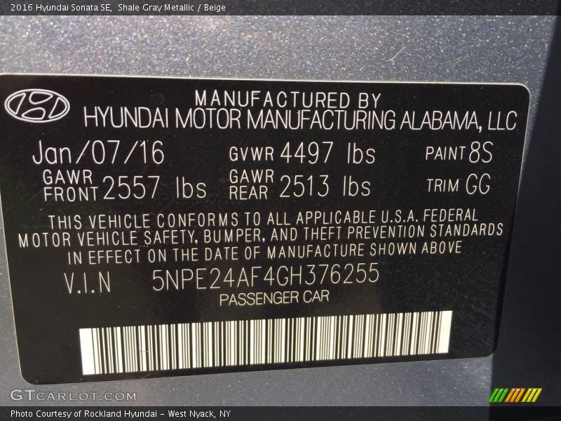 Shale Gray Metallic / Beige 2016 Hyundai Sonata SE