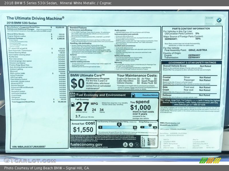 Mineral White Metallic / Cognac 2018 BMW 5 Series 530i Sedan