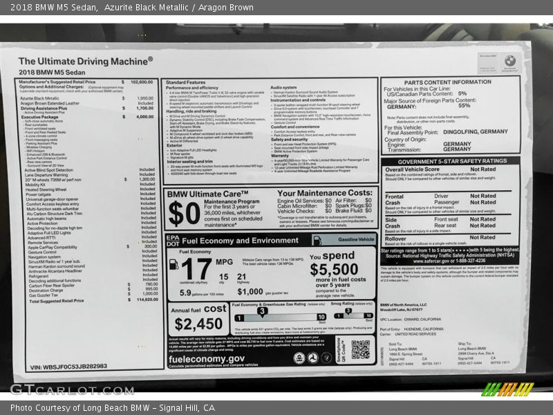  2018 M5 Sedan Window Sticker