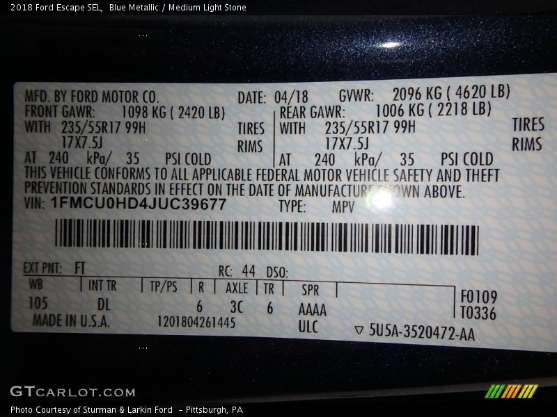 Blue Metallic / Medium Light Stone 2018 Ford Escape SEL