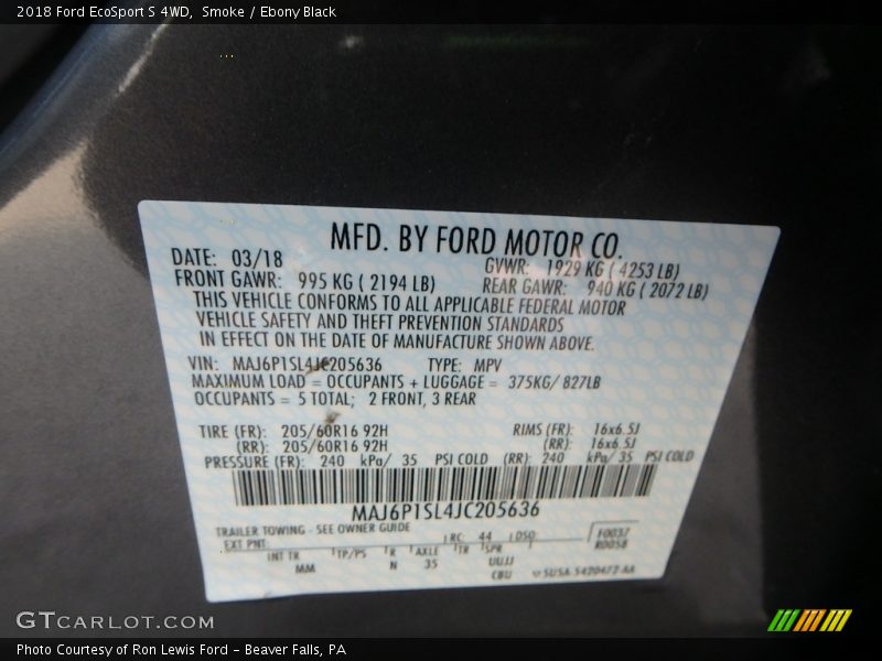 Smoke / Ebony Black 2018 Ford EcoSport S 4WD