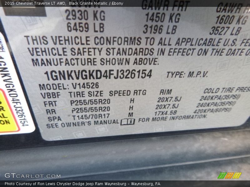 Black Granite Metallic / Ebony 2015 Chevrolet Traverse LT AWD