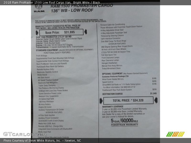  2018 ProMaster 1500 Low Roof Cargo Van Window Sticker