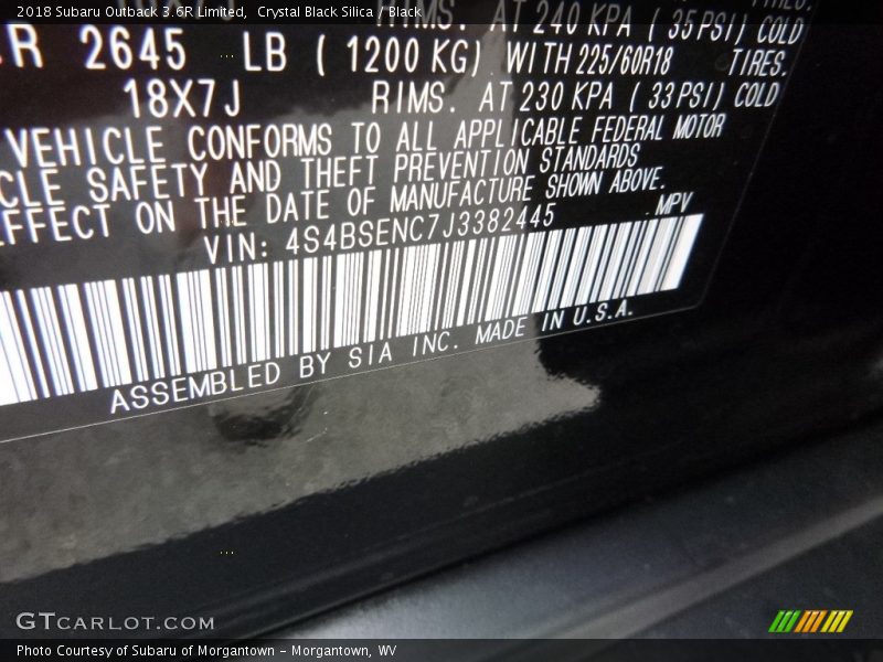 Crystal Black Silica / Black 2018 Subaru Outback 3.6R Limited