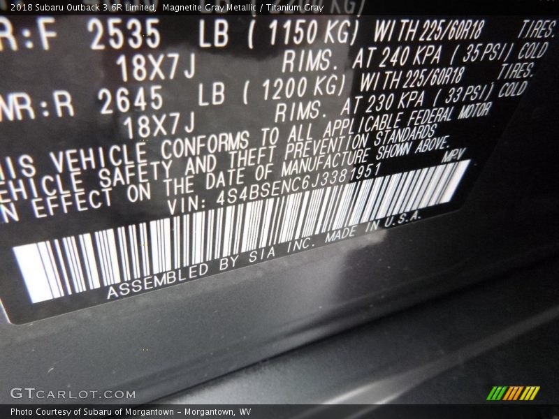 Magnetite Gray Metallic / Titanium Gray 2018 Subaru Outback 3.6R Limited
