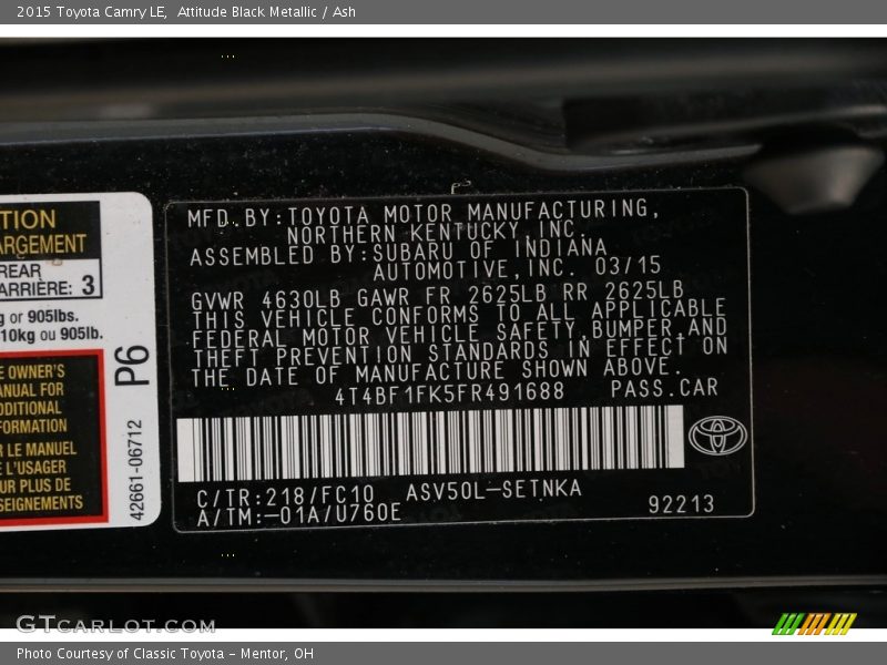 Attitude Black Metallic / Ash 2015 Toyota Camry LE