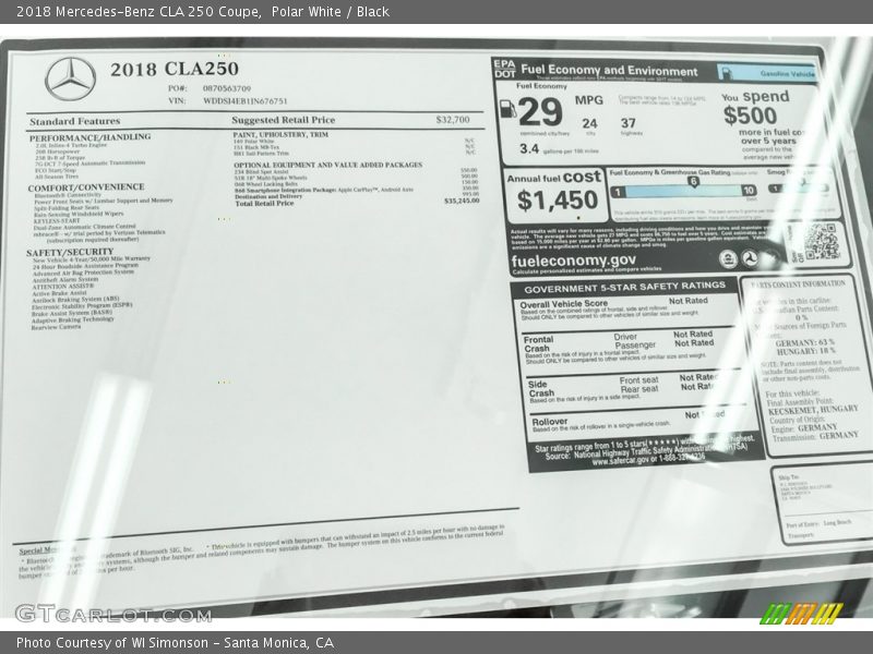 Polar White / Black 2018 Mercedes-Benz CLA 250 Coupe