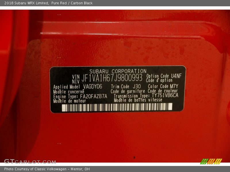 Pure Red / Carbon Black 2018 Subaru WRX Limited