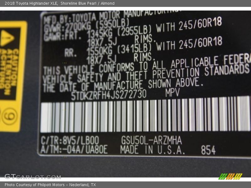 Shoreline Blue Pearl / Almond 2018 Toyota Highlander XLE