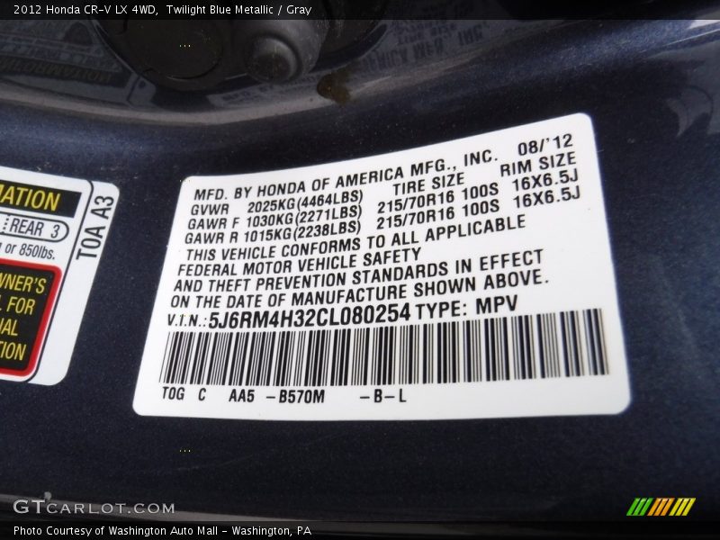 Twilight Blue Metallic / Gray 2012 Honda CR-V LX 4WD