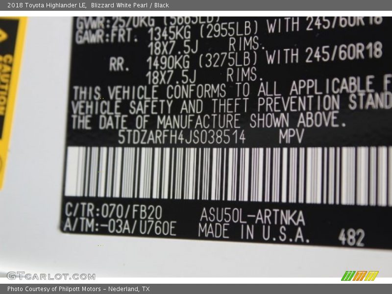 Blizzard White Pearl / Black 2018 Toyota Highlander LE