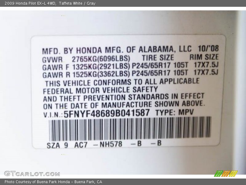 Taffeta White / Gray 2009 Honda Pilot EX-L 4WD