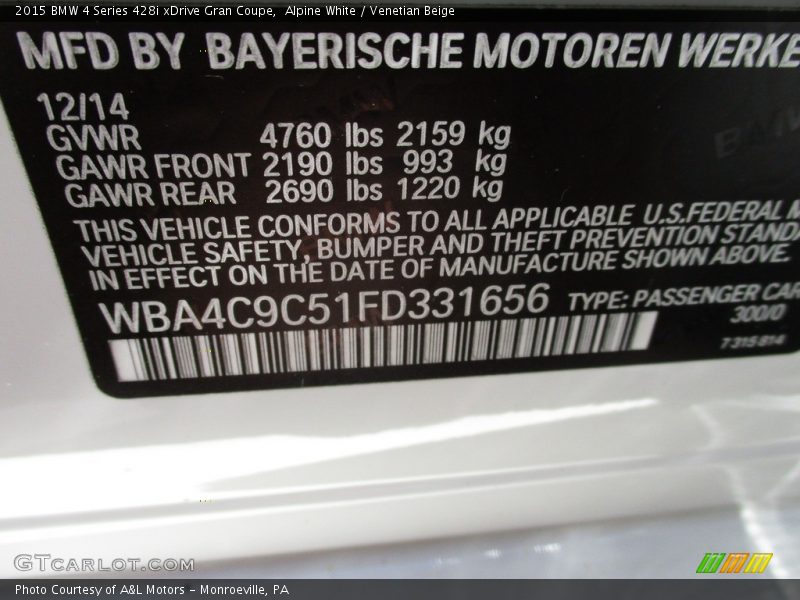 Alpine White / Venetian Beige 2015 BMW 4 Series 428i xDrive Gran Coupe