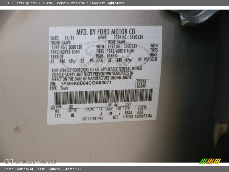 Ingot Silver Metallic / Medium Light Stone 2012 Ford Explorer XLT 4WD
