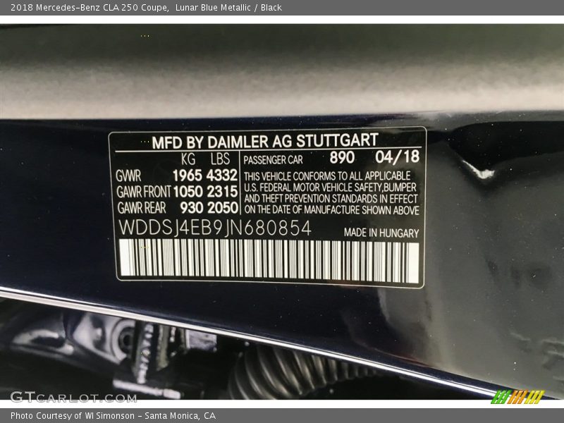 Lunar Blue Metallic / Black 2018 Mercedes-Benz CLA 250 Coupe