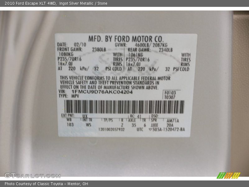 Ingot Silver Metallic / Stone 2010 Ford Escape XLT 4WD