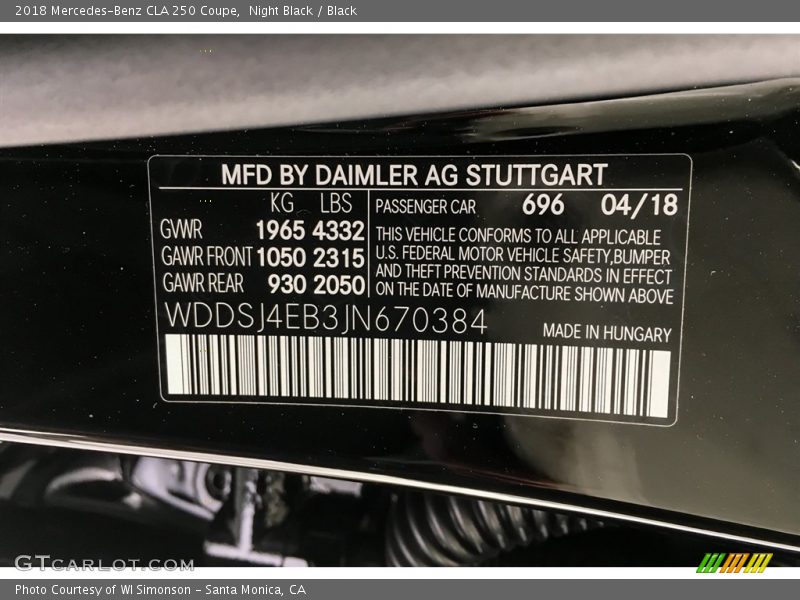 Night Black / Black 2018 Mercedes-Benz CLA 250 Coupe