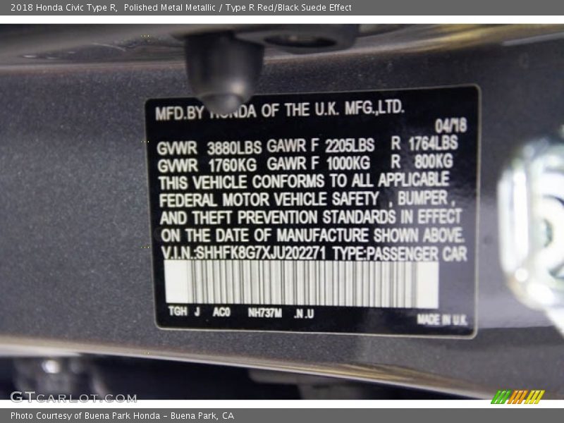 Polished Metal Metallic / Type R Red/Black Suede Effect 2018 Honda Civic Type R