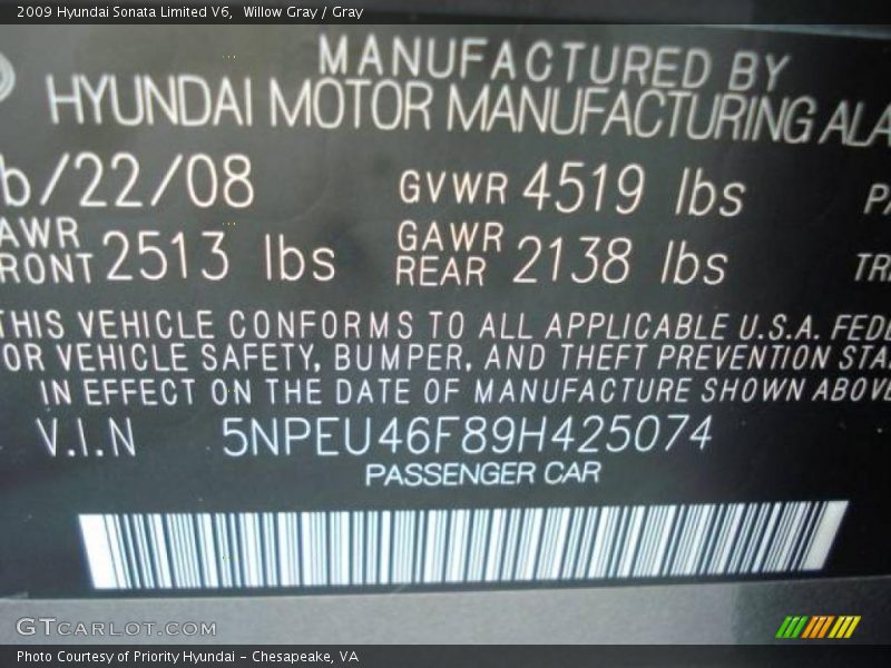 Willow Gray / Gray 2009 Hyundai Sonata Limited V6