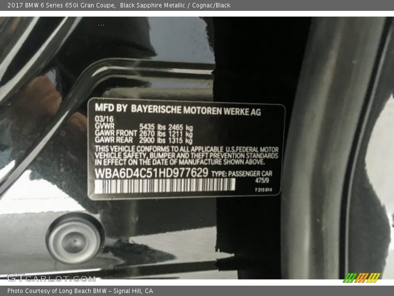 Black Sapphire Metallic / Cognac/Black 2017 BMW 6 Series 650i Gran Coupe