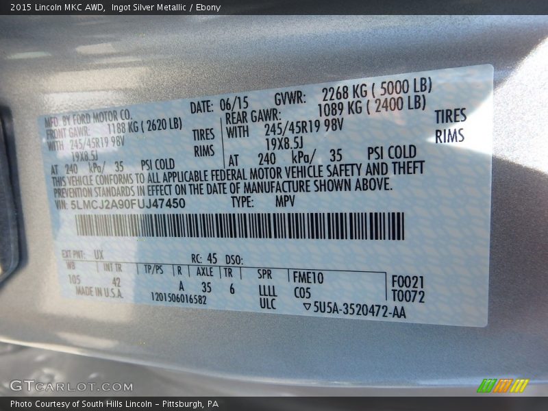 Ingot Silver Metallic / Ebony 2015 Lincoln MKC AWD