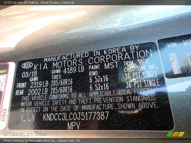 2018 Niro EX Hybrid Metal Stream Color Code MST