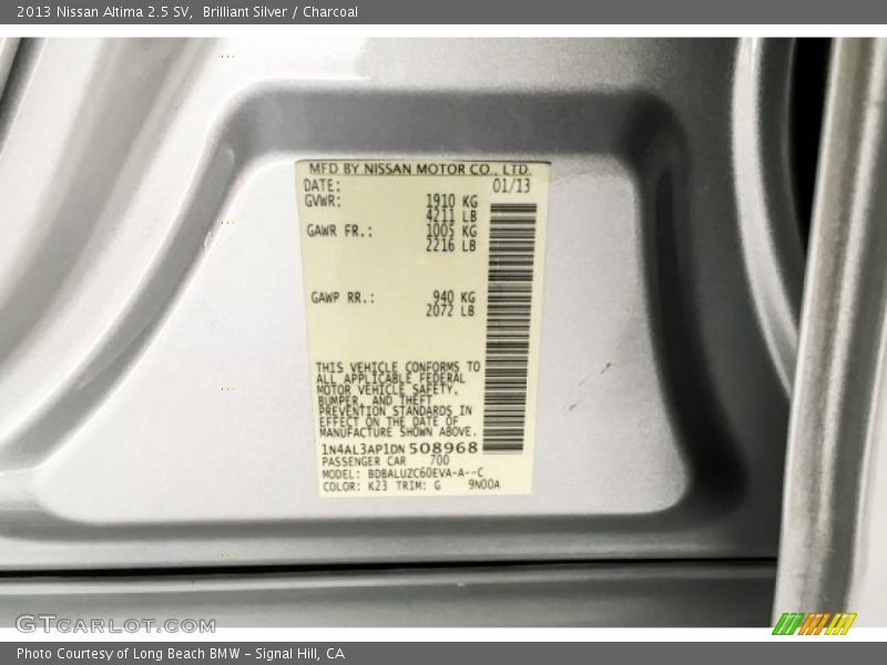 Brilliant Silver / Charcoal 2013 Nissan Altima 2.5 SV