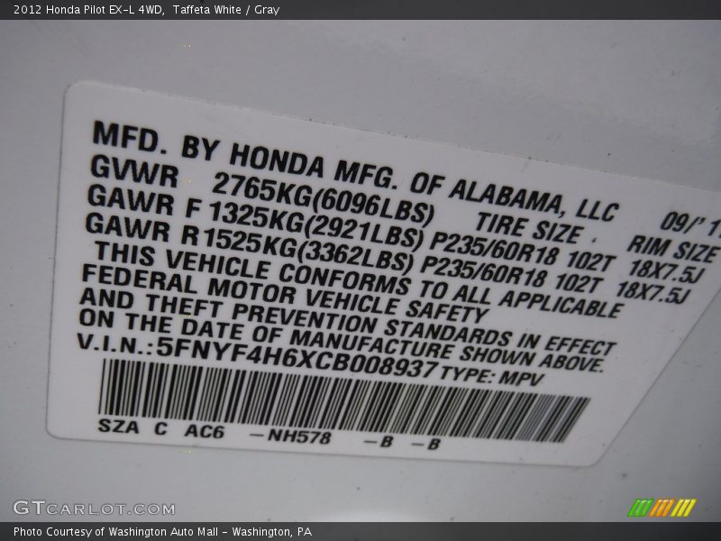 Taffeta White / Gray 2012 Honda Pilot EX-L 4WD