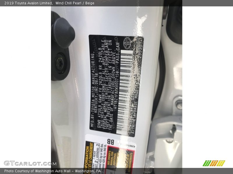 Wind Chill Pearl / Beige 2019 Toyota Avalon Limited