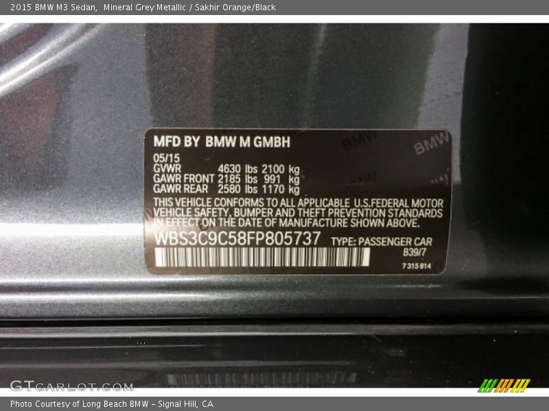 Mineral Grey Metallic / Sakhir Orange/Black 2015 BMW M3 Sedan