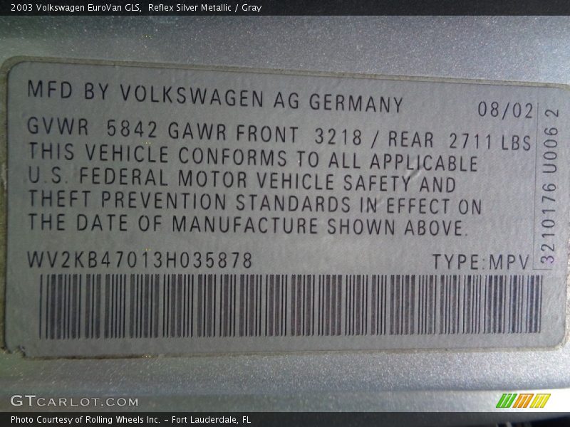 Reflex Silver Metallic / Gray 2003 Volkswagen EuroVan GLS