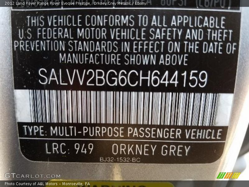 Orkney Grey Metallic / Ebony 2012 Land Rover Range Rover Evoque Prestige