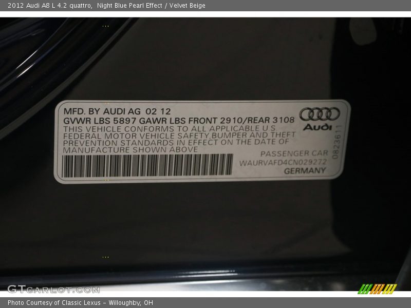 Night Blue Pearl Effect / Velvet Beige 2012 Audi A8 L 4.2 quattro