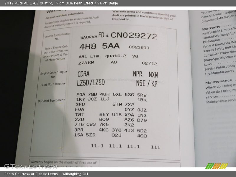 Night Blue Pearl Effect / Velvet Beige 2012 Audi A8 L 4.2 quattro