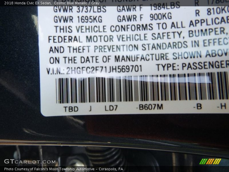 Cosmic Blue Metallic / Gray 2018 Honda Civic EX Sedan