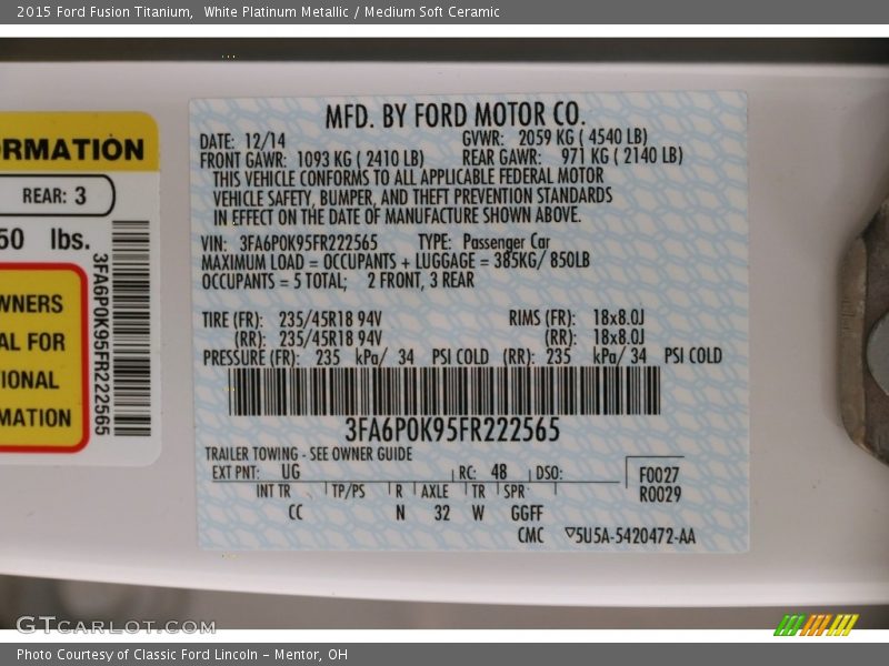 White Platinum Metallic / Medium Soft Ceramic 2015 Ford Fusion Titanium