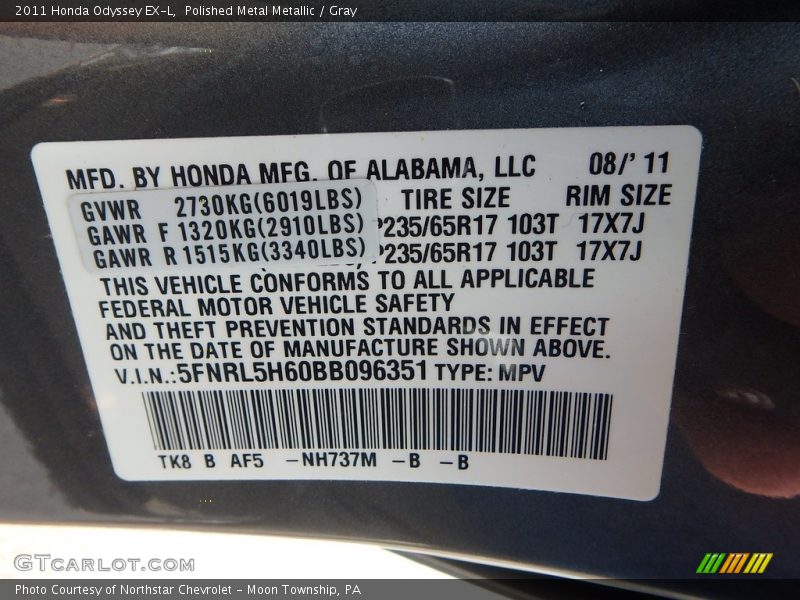 Polished Metal Metallic / Gray 2011 Honda Odyssey EX-L