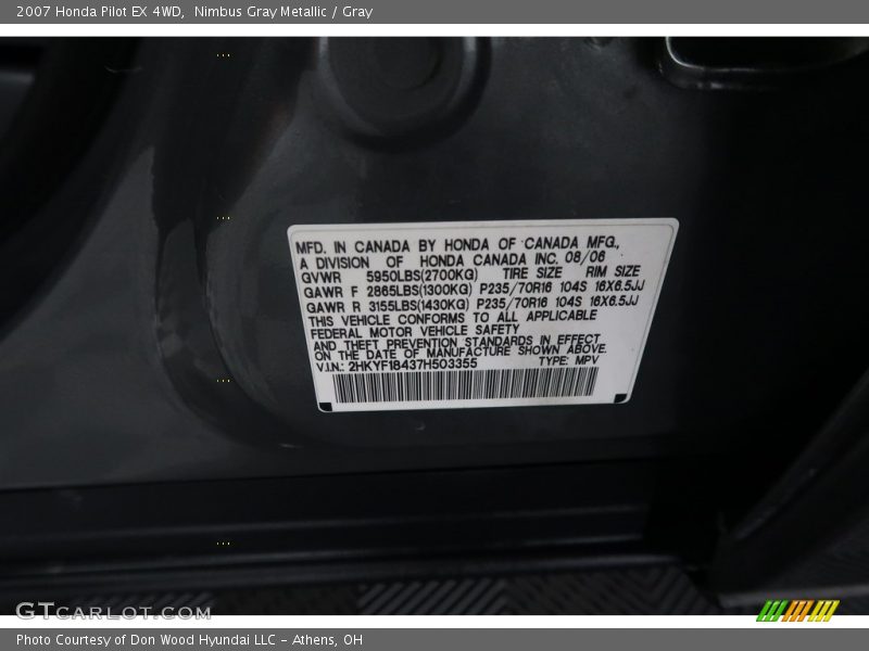 Nimbus Gray Metallic / Gray 2007 Honda Pilot EX 4WD