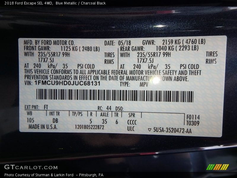 Blue Metallic / Charcoal Black 2018 Ford Escape SEL 4WD
