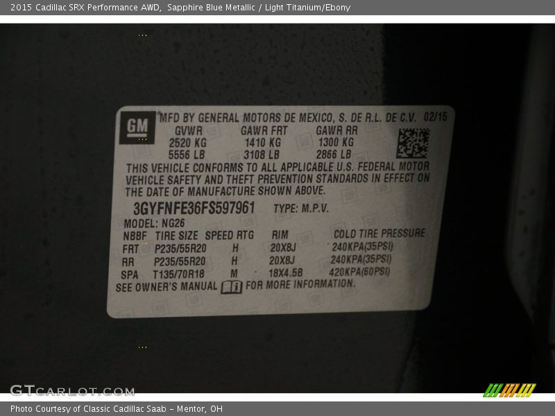Sapphire Blue Metallic / Light Titanium/Ebony 2015 Cadillac SRX Performance AWD