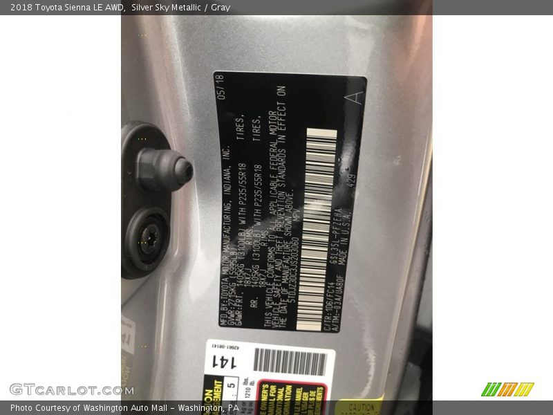 Silver Sky Metallic / Gray 2018 Toyota Sienna LE AWD