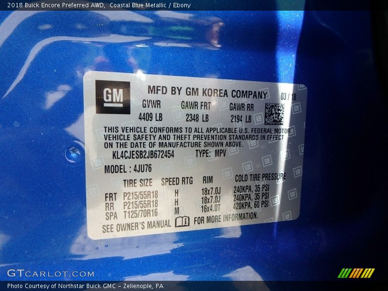 Coastal Blue Metallic / Ebony 2018 Buick Encore Preferred AWD